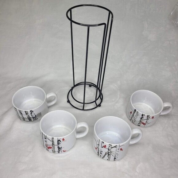 White River Cardinal on Birch Stackable Coffee Mugs Set of 4 With Rack Rustic - Picture 6 of 16